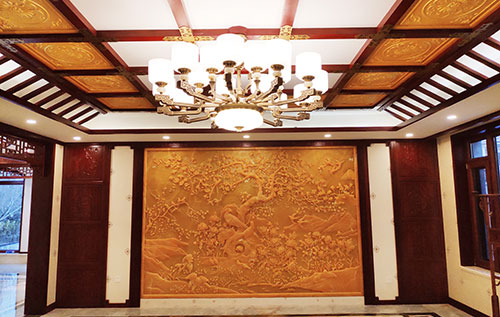 白马井镇中式别墅客厅中式木作横梁吊顶装饰展示
